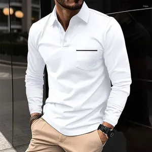 Erkekler Tişörtleri 2024 Bahar Kore Versiyonu Gömlek Uzun Kollu T-Shirt Polot Düğmesi Yok Yaka Cep Sporları Düz ​​Renk