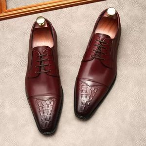 Men's Oxfords Genuine Leather Lace-up Formal Footwear Handmade Crocodile Print Cap Toe Wedding Party Dress Shoes for Men