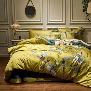 Jedwabisty egipski bawełniany żółty chinoiserie w stylu ptaków kwiaty kołowrotka arkusz łóżka Zestaw king size queen -pościel 202925
