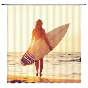 Ocean Girl Surf Shower Curtains Beach landskap Starfish Shell Badrum Dekor Hem Bathtub Waterproof Polyester Curtain Set1326f