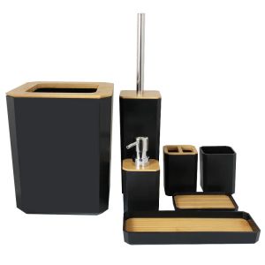 Setar bambu badrumstillbehör Ställ in plastbadrumss tvåldispenser, tandborstekopp, tvålskål, toalettborstehållare, papperskorgen