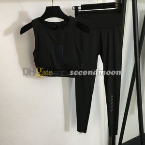 Calça esportiva feminina com letras de strass, regata com gola redonda, roupa de ioga de verão, justa, roupa de ginástica