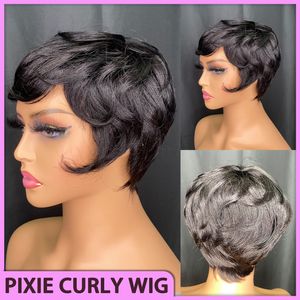 New Style Malaysian Peruvian Indian Brazilian Wine Grey 100% Raw Virgin Remy Human Hair Natural Black Pixie Curly Regular Short Bang Wig