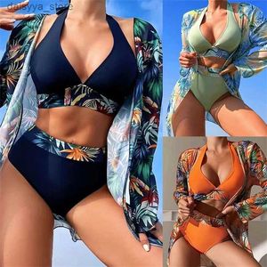 Bikini-Set, sexy Bikini-Set für Damen, Netzstoff, 3-teilig, Badeanzug, geteilt, bedruckt, Push-Up, Mädchen-Beachwear, Frühling, Sommer, hohe Taille, Badeanzug