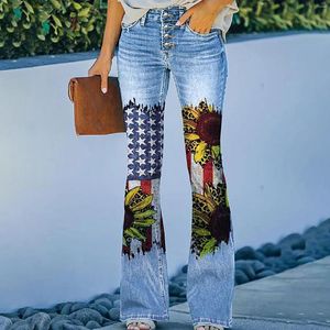 Kvinnors jeans bootcut nödställda flaggmönster blossade denim tryck avslappnade byxor blomma chic streetwear y2k kläder