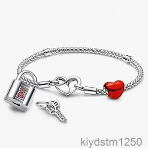 Silber 925 Charm-Armband Damen Designer-Schmuck Anhänger Perlen Moments Vorhängeschloss Red Love Set 37h4