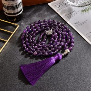 Cloisonne 8mm Natural Amethyst Beads Knotted 108 Japa Mala Rosary Necklace Meditation Prayer Yoga Jewelry for Men and Women