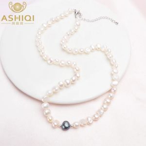 Alloy ASHIQI Real White Freshwater Pearl Necklace for Women with Pure 925 Sterling Silver Beads Handmade Jewelry Magnetic clasp