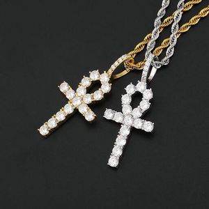 CIONDOLO CROCE ANKH IN ARGENTO 925 BLING OUT 24 CATENA IN CORDA 7 6g GIOIELLI HIPHOP CON ZIRCONI CUBICI PER UOMINI DONNE238U