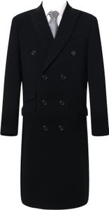 Der Platinum Tailor Herren-Zweireiher-Mantel aus schwarzer Kaschmirwolle für den Winter Cromby mit Samtkragen und silbernem Futter