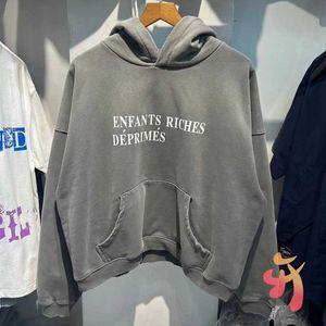 Mens Hoodies Sweatshirts 빈티지 힙합 거리 enfants 부자 부패한 후드 넥타이 염료 그라디언트 세척 회색 문자 인쇄 셔츠 남자 Erd Hoody J240130