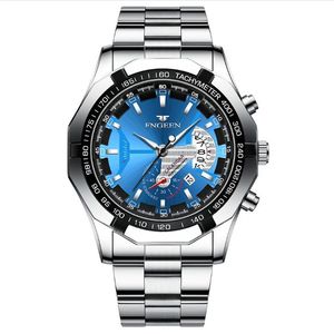 Fngeen varumärke vitt stål kvarts Mens klockor Crystal Glass Luminous Simple Casual Watch Date 44mm Diameter Personlighet Stylish Man250e