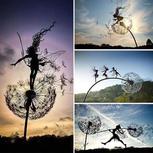 Garden Decorations Metal Dandelion Flower Fairy Spirit Plug-in Square Decoration Tale Statue Handicraft Decor Statues