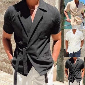 Homens camisetas Novo verão cor sólida masculino camisa de manga curta lapela cinta francês elegante cavalheiro solto casual simples tops roupas masculinas q240130