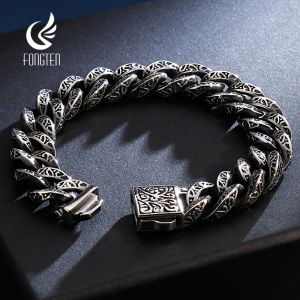 Bracelets Fongten Cuban Chain Bracelet For Men Gothic Skull Stainless Steel Charms Curb Men Bracelets Skeleton Bangle Silver Color Jewelry