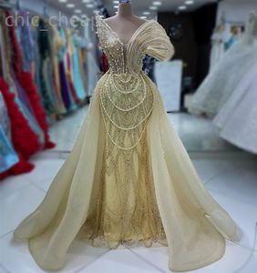 2024 Aso Ebi Gold Mermaid Prom Dress Pérolas Lantejoulas Lace Noite Festa Formal Segunda Recepção Aniversário Vestidos de Noivado Vestidos Robe De Soiree ZJ81