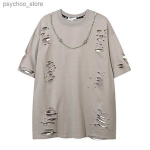 メンズTシャツ夏のハイストリートリッピングホール半袖Tシャツソリッドカラーストリートウェア特大のカジュアルトップティーサマーハラクジュティーズQ240130