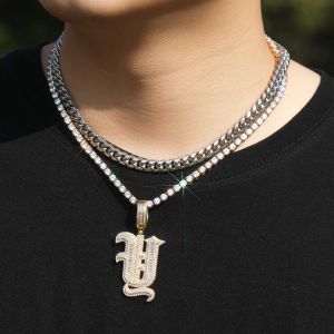 Torques UWIN Initial Necklaces Iced Out Baguettecz Cubic Zirconia Old English Latin Letter Pendant Fashion Charms Jewelry
