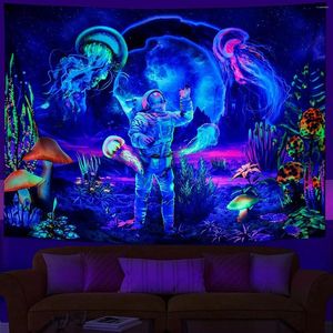 Tapestries Astronauts UV Fluorescent Tapestry Black Light Aesthetic Wall Hanging Hippie For Bedroom Indie Room Decor