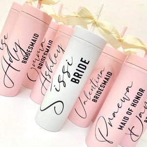 Water Bottles Personalized Hen Party Bridesmaid Gifts Slim Skinny Tumblers 16oz Matte Acrylic Bottle With Lid Straw Double Wall