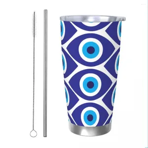 Tumblers Evil Eye 2 Tumbler Vácuo Isolado Azul Nazar Amuleto Boho Copo Térmico com Tampa Palha Smoothie Chá Canecas Garrafa de Água 20oz