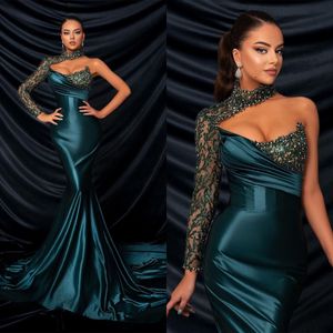 Elegant Mermaid Women Evening Dresses One Shoulder High Collar Prom Gowns Beads Sequins Appliques Sweep Train Dress For Party Custom Made Robe De Soiree