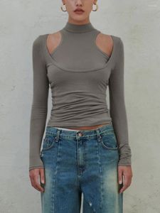 Kvinnors T-skjortor Summer Tops Vest Outfit Solid Color Mock Neck Tank Low Cut Long Sleeve T-Shirt Slim Streetwear