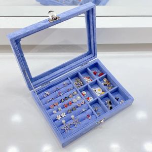 Rings Fashion Blue Veet Jewelry Storage Box Earring Necklace Ring Jewelry Organizer Case Glass Cover Travel Box Portable Holder Gift