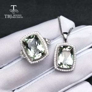 Ringar tbJ, Big Natural Green Amethyst Quartz Gemstone Jewelry Set Pendant and Ring in Sterling Sier Classic Trendy Gift for Women