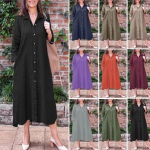 Party Dresses Autumn Spring Plus Size Ladies Kaftan Womens Casual Loose Cotton Linen Långärmad skjorta klänning Midkalv för kvinnor