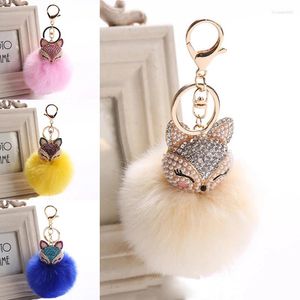 Keychains Mini Fox Fur Ball Keychain för kvinnor handgjorda fluffiga pompom inlagda Rhinestone Lady Bag Pendant Keyring Holder