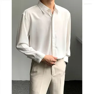 Camisas casuais masculinas primavera high-end cor sólida branco para homens gelo seda drape estilo coreano manga longa botões escondidos camisa de negócios