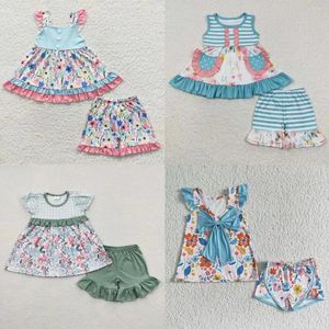 Conjuntos de roupas atacado infantil criança verão mangas curtas floral túnica bebê menina criança plissado shorts crianças flor design outfit