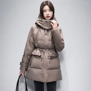 Women's Trench Coats 2024 Winter Mid-length Down Cotton Jacket Windproof Hooded Drawstring Waist Coat Elegant And Casual Loose Grey