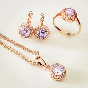 Collane 2022 Nuovi set di gioielli rotondi 585 Gold Color Fashion Gioielli Purple Trendy Collana + Orero + Gioielli Ring Set per donne