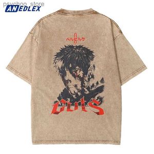 Men's T-Shirts Men Washed ApricotT-Shirt Streetwear Japanese Anime Print T Shirt Harajuku Cotton Tshirt Fashion Summer Short Sleeve Tees Q240130