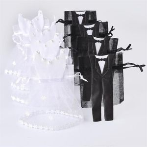 Całe 50 zestawów organza sznurka cukierkowa 25 TUXEDO 25 sukienka panna młoda groom weselne favors imprezowa torba na prezent WB061227Q