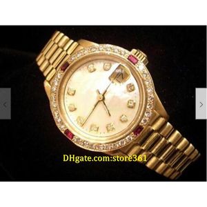 20 Stil Casual Dress Mechanisch Automatik 26 mm Damen 18 Karat Gelbgold Präsidentenuhr Weißer MOP-Diamant Rubine291Q