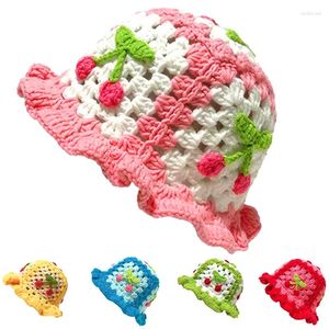 Berets Women Crocheted Bucket Hat Cute Cherry Fruits Hollow Knitted Hats Ladies Spring Autumn Colorful Woven Beanies Caps Accessories