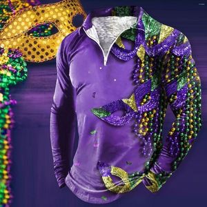 Camisetas masculinas Carnaval com zíper colarinho de manga comprida camisa A para homens pacote gráfico