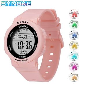 Synoke rosa feminino relógio digital 50m à prova dwaterproof água senhoras relógios unisex relógio elegante pulseira de silicone com luminoso2250