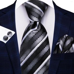 Arco laços presente masculino gravata preto cinza listrado design de seda casamento para handky cufflink conjunto hi-tie festa de negócios moda atacado