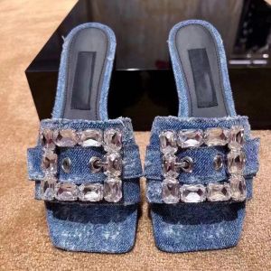 Patchwork Denim Jeans Crystal-embellished Slides Slippers Mule Sandals flat heels square open toe women's luxury designers Casual Fashion shoes factory shoes