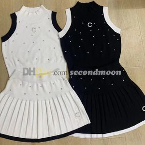 Shiny Rhinestone Tanks Top Women Sexig veckad kjol ärmlös stickad Vest Tops Summer Two Piece Dress