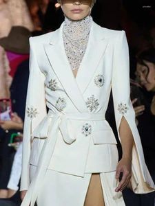 Women's Suits White Handmade Beaded Blazer For Women Sparkling Studded Diamond Belt Party Wedding Business Suit Jacket Coat Outfit