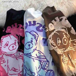 T-shirt das mulheres Grande Urso Mulheres T-shirt American-Style Retro Oversized Manga Curta Ins Trendy Cartoon Graffiti Fat Top Verão Camisetas Gráficas 240130