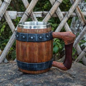 Mugs 3D Wooden Barrel Beer Mug Stainless Steel And Resin Eco-Friendly Material Goblet Coffee Cup Wine Glass 600ml GOT Gift