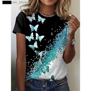 Kadın T-shirt 2024 Yeni O-Gell 3D Kelebek Baskı Tişörtlü Kadın Tişört Yaz Moda Kısa Kollu Üstler Büyük Boy Yaz Üstü Giyim 240130