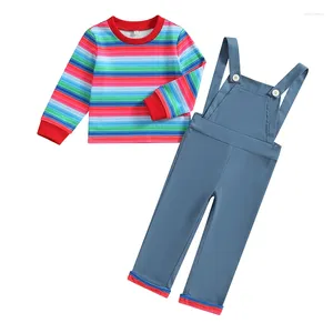 Clothing Sets Autumn Kids Clothes Korean Childrens Baby Girl Boy Suit Long Sleeve Striped Print Tops Suspender Pants 2 Pcs Set