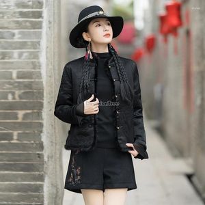 Etniska kläder 2024 kvinnors kinesiska nationella stil broderad stand-up krage bomull vadderad jacka långa ärmar tang kostym dagligen kappa t001